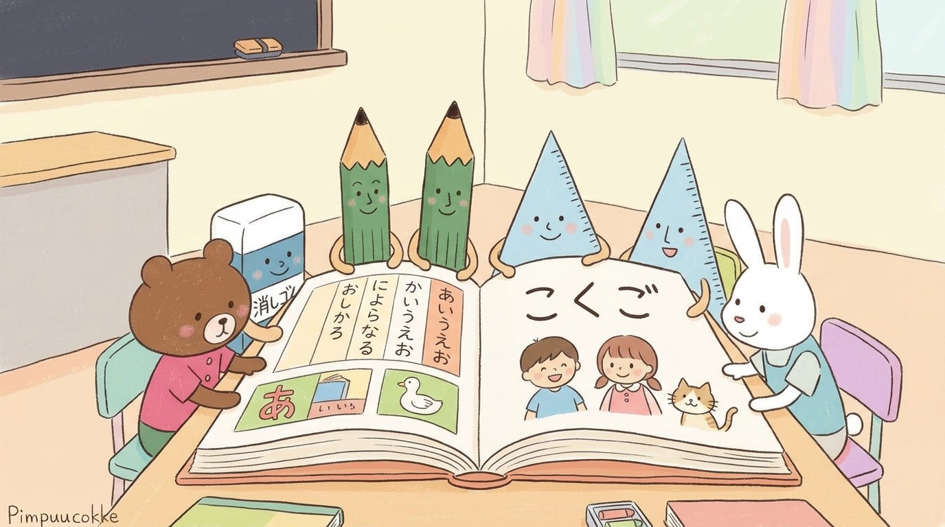 Cute classroom scene with a bear, bunny, smiling pencil characters, and colorful shapes reading a large open picture book at a desk.