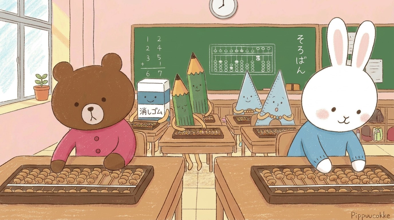 Brown bear and white bunny in a pastel classroom use abacuses at their desks; chalkboard with math problems behind them.
