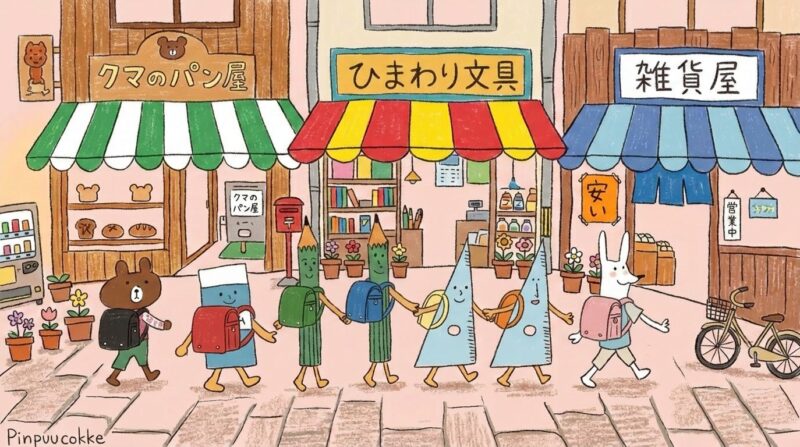 Colorful street with three shops and striped awnings; a line of cute characters with backpacks walk hand in hand across the sidewalk.