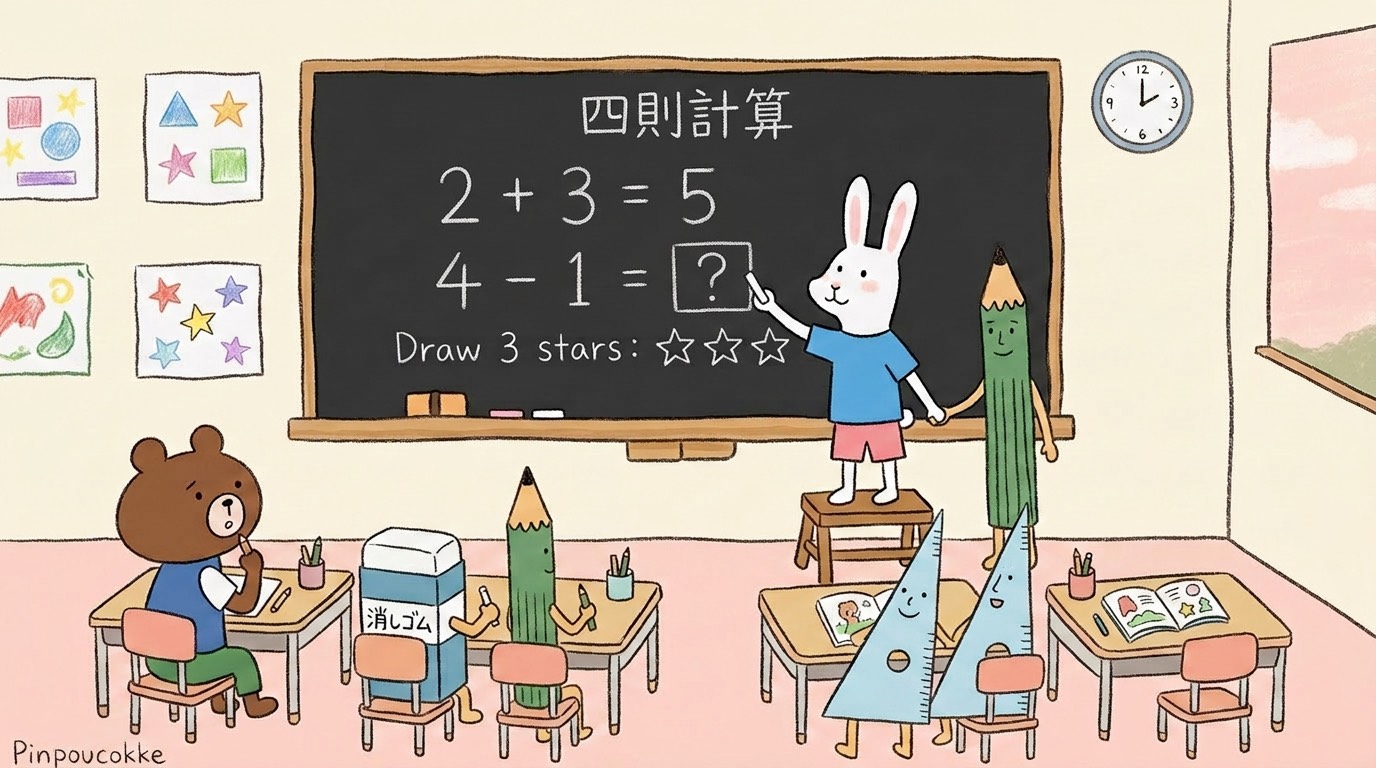 Chalkboard math lesson in a colorful classroom with a bunny teacher showing a problem to a bear student at a desk.