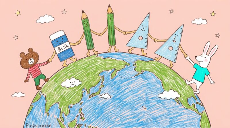 Cartoon of a bear, eraser, pencils, and geometric shapes holding hands around a colorful globe, promoting global unity and care for the environment.