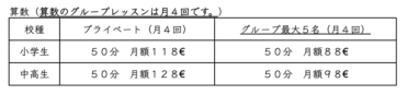 算数のグループレッスンは月4回。表は学年別の受講時間50分と料金を示す。小学生は private 50分 月額118€、グループ最大5名 月額88€。中高生は private 50分 月額128€、グループ月額98€。