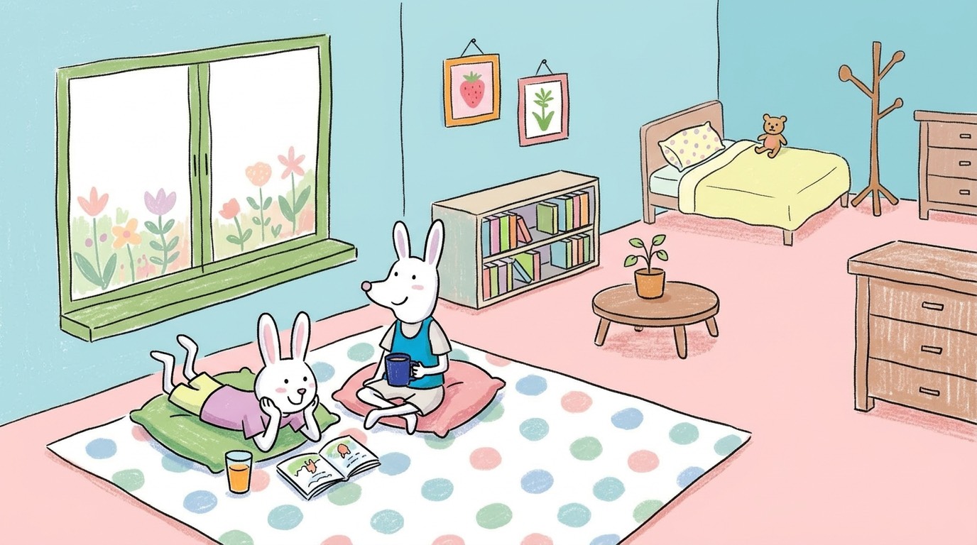 Two white rabbits on a polka-dot rug in a pastel bedroom, reading a book together by a sunny window with flowers outside.