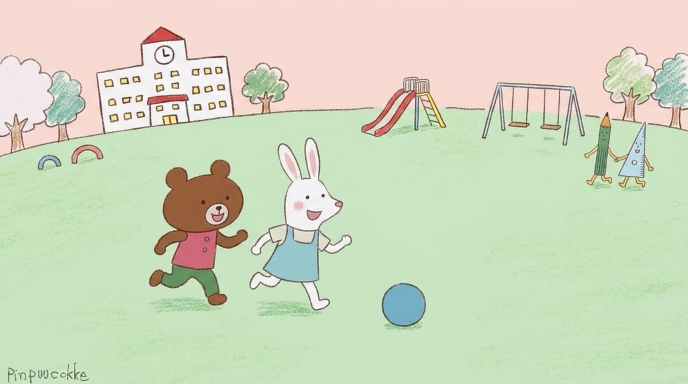 Brown bear and white rabbit running after a blue ball on a grassy playground with a school building in the background and playground equipment nearby