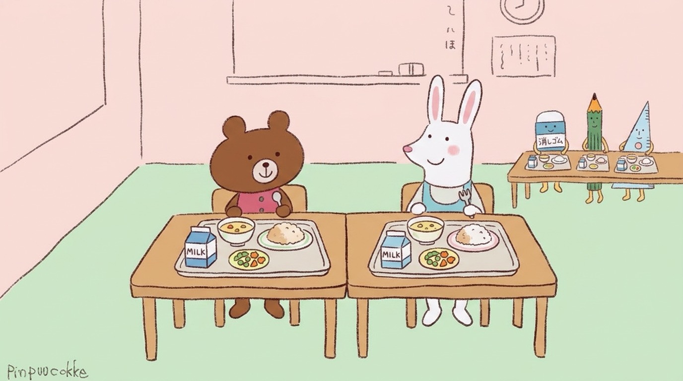 Bear and white rabbit sit at lunch desks eating rice and vegetables with milk cartons on their trays in a pastel classroom cafeteria.
