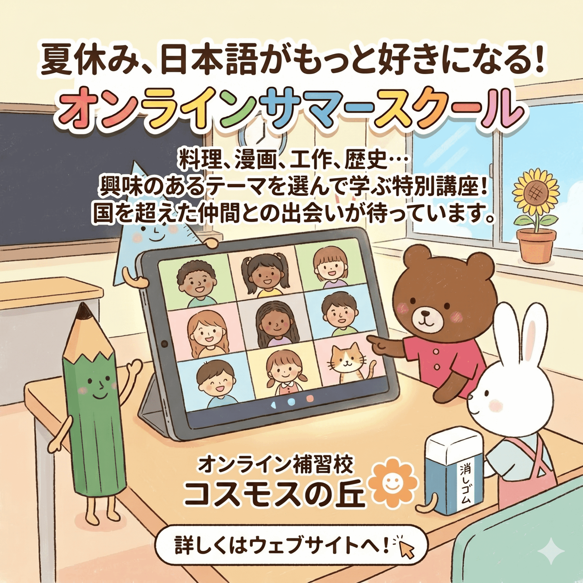 Colorful classroom banner promoting an online summer school for learning Japanese; a tablet shows avatar tiles as a teacher and a bear look on.